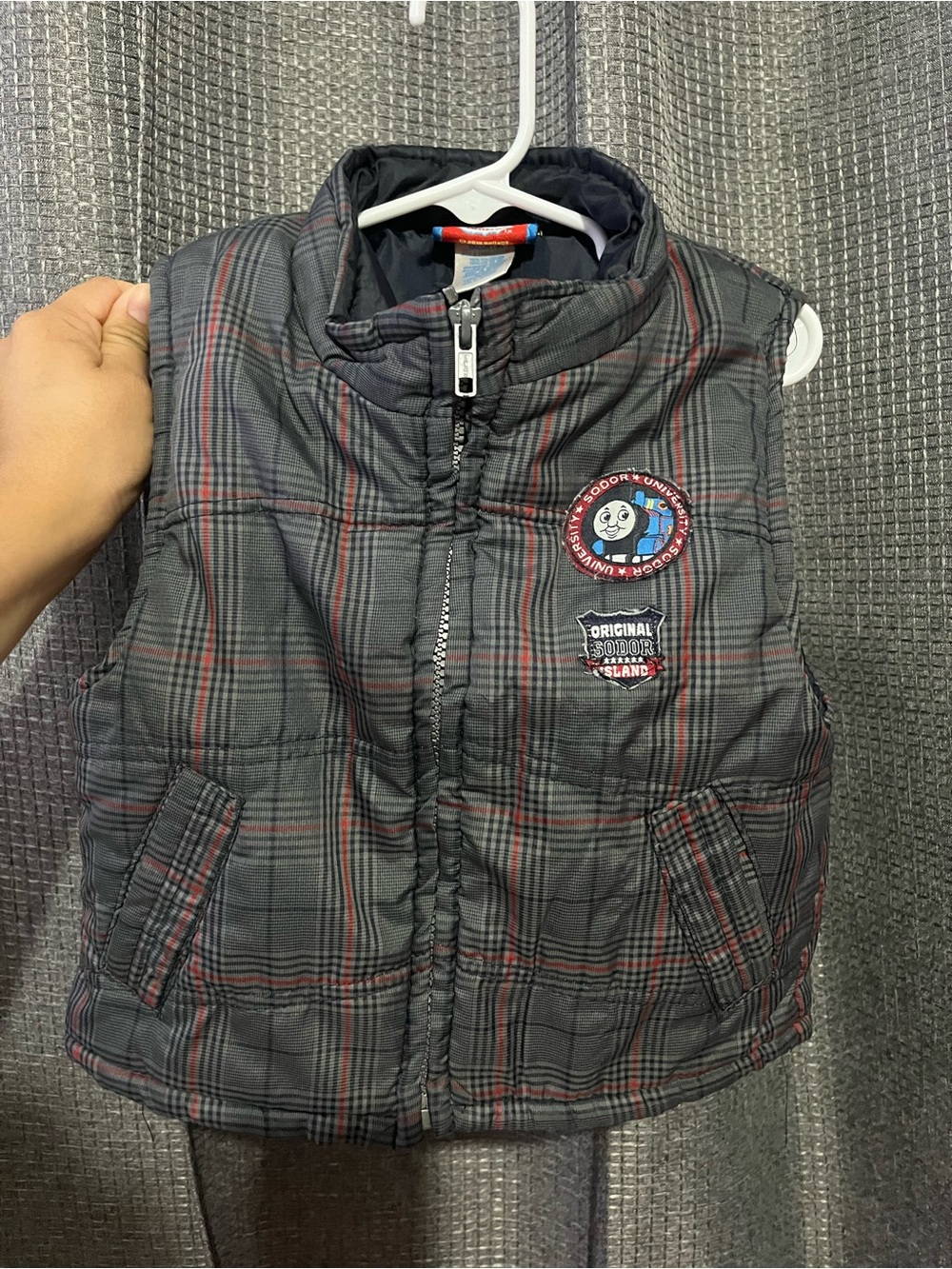 SODO Kids Gray Plaid Puffer Vest with Red Accents